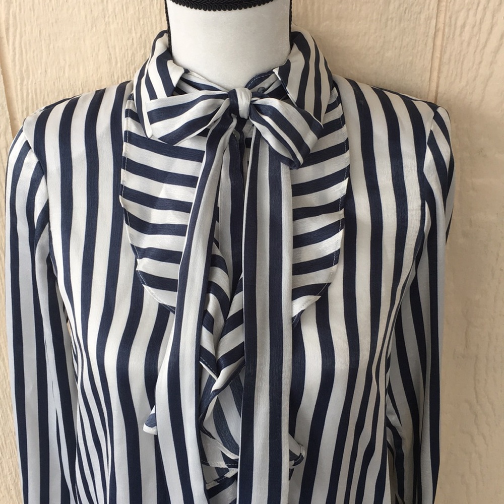 Zara Basic Collection Striped Blouse Bow Detail - image 1